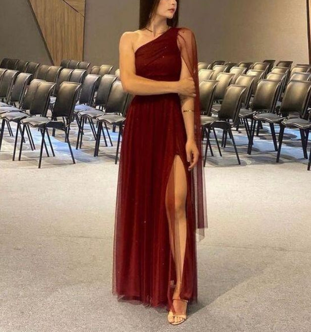 Luolandi Rust Red One Shoulder A-Line Tulle Evening Gown Formal Long Party Dress With Slit